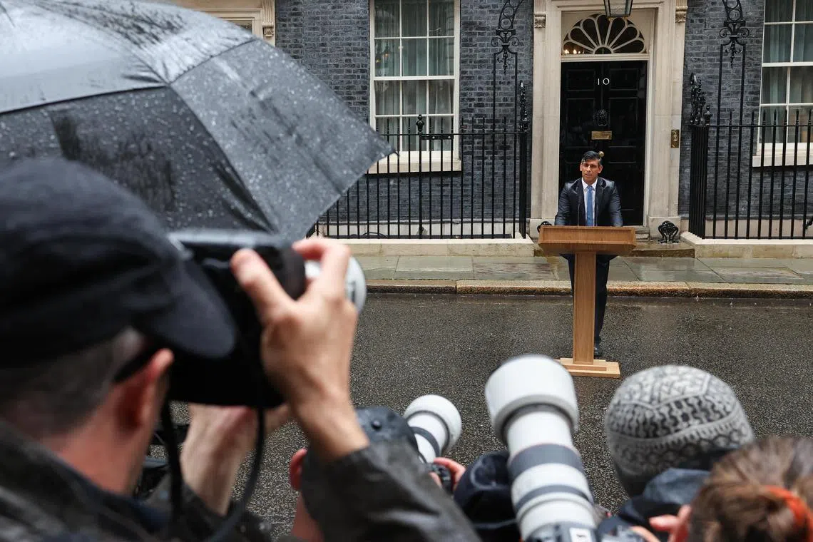 British Prime Minister Rishi Sunak calling for a general election, outside Number 10 Downing Street, in London, on May 22.