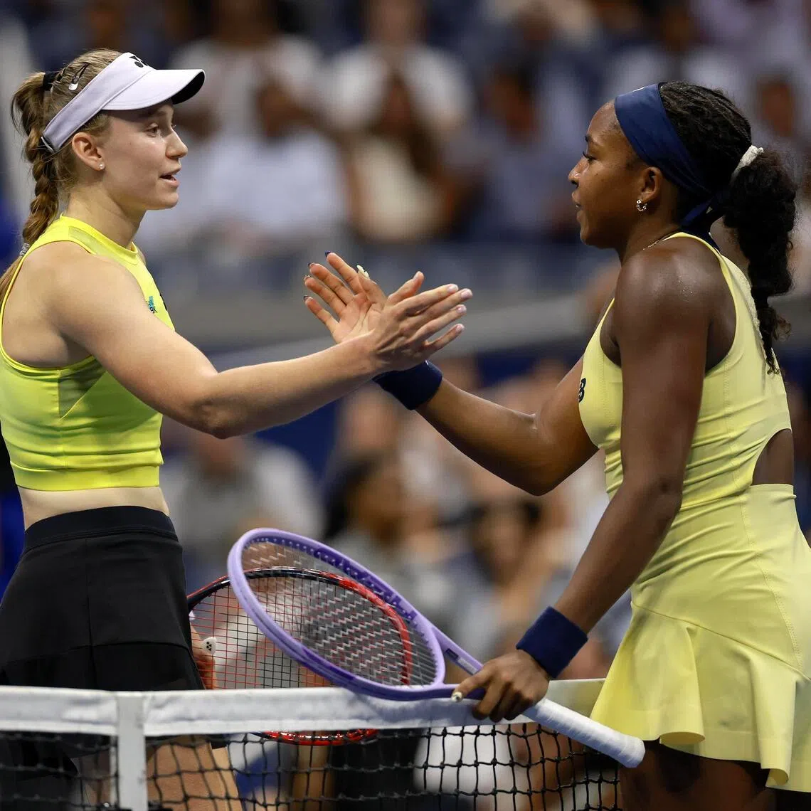 Elena Rybakina (left) shakes hands with Coco Gauff after winning their US Open semi-final clash.