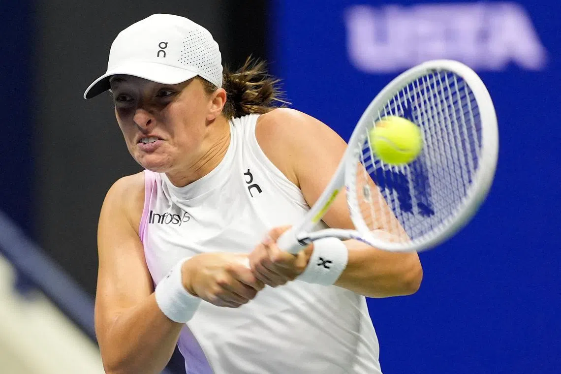FILE PHOTO: Sept 2, 2024; Flushing, NY, USA; Iga Swiatek (POL) hits to Liudmila Samsonova (not pictured) on day eight of the 2024 U.S. Open tennis tournament at USTA Billie Jean King National Tennis Center. Mandatory Credit: Robert Deutsch-USA TODAY Sports/File Photo
