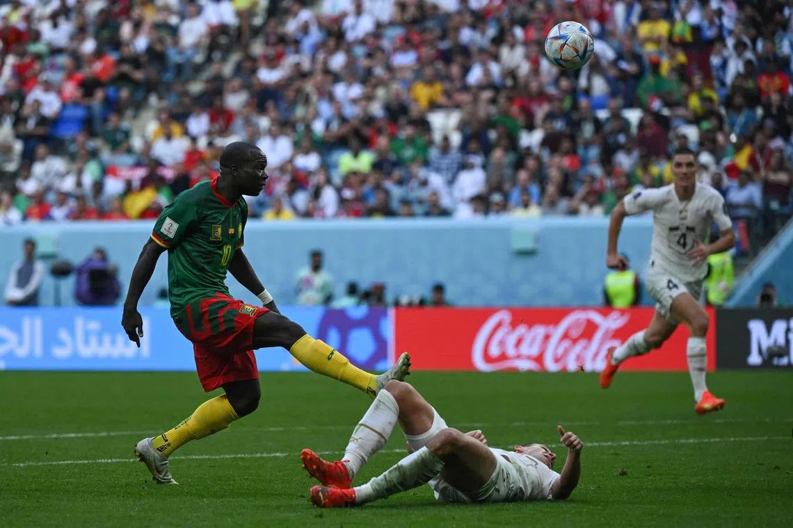 Cameroon striker Vincent Aboubakar scoring his team's second goal against Serbia during their World Cup Group G match at the Al Janoub Stadium on Nov 28. The match ended 3-3.