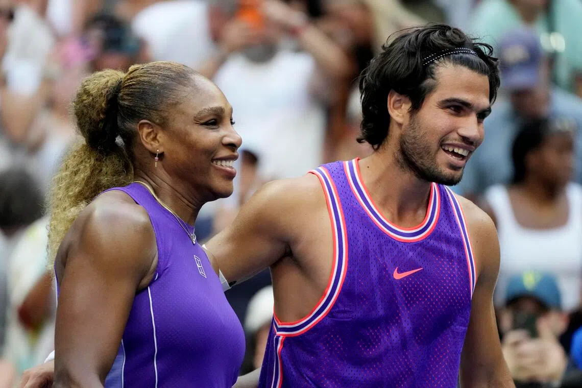Spain’s Carlos Alcaraz and Serena Williams of the US celebrate winning their mixed doubles match against Britain’s Lloyd Glasspool and New Zealand’s Erin Routliffe on Aug 25.