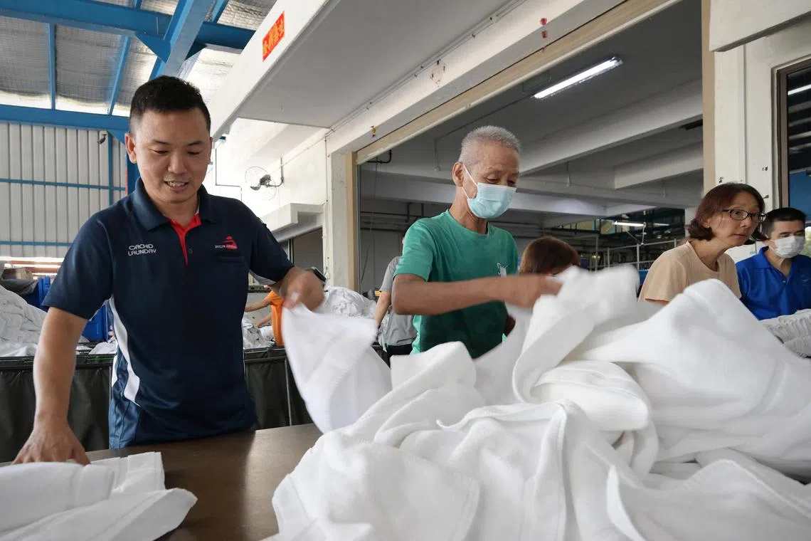anwork - Residents of Apex Harmony Lodge, who work at Orchid Laundry for feature on paid work opportunities for people with dementia. 




ST Photo: Ng Sor Luan