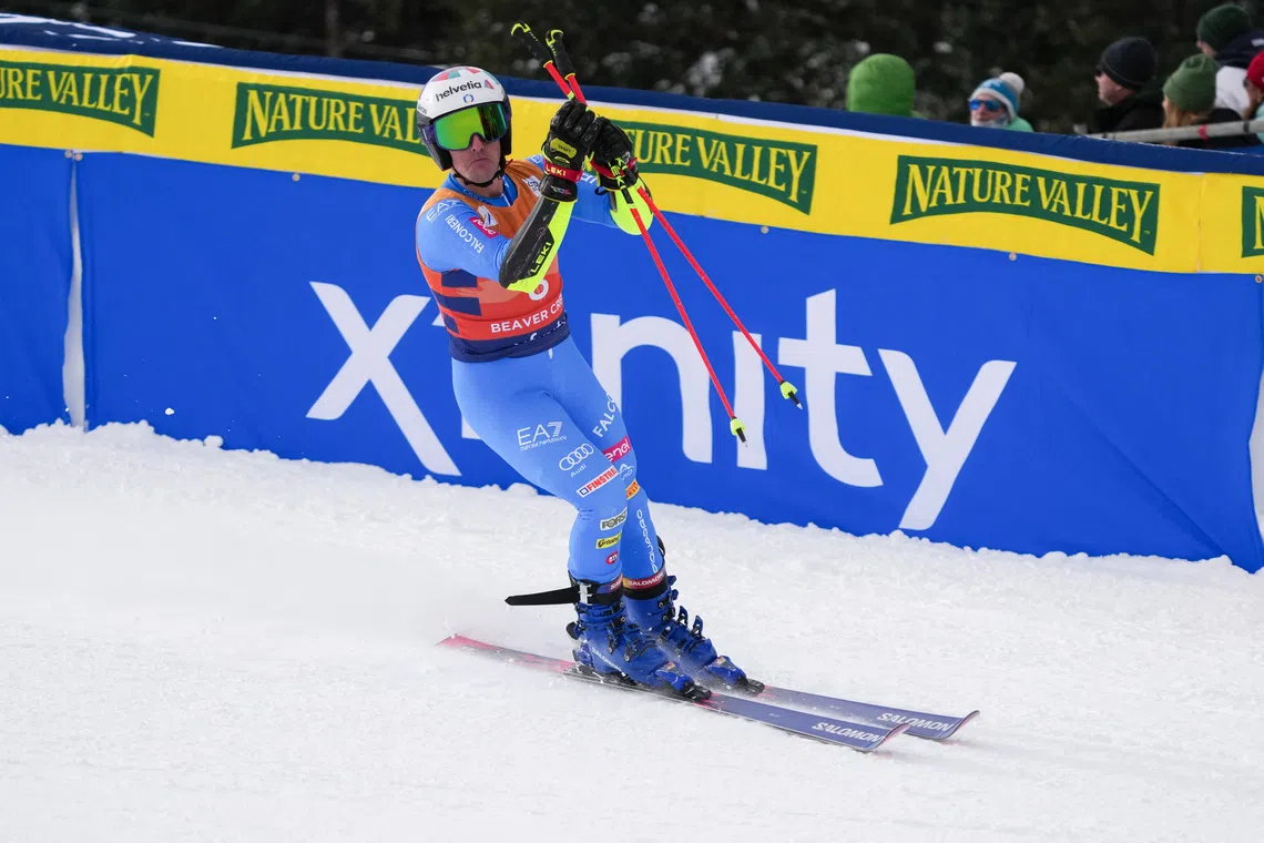 Dec 7, 2025; Beaver Creek, Colorado, UNITED STATES;  Luca De Aliprandini of Italy competes during the men's giant slalom alpine skiing race during the FIS World Cup at Birds of Prey. Mandatory Credit: Michael Madrid-Imagn Images