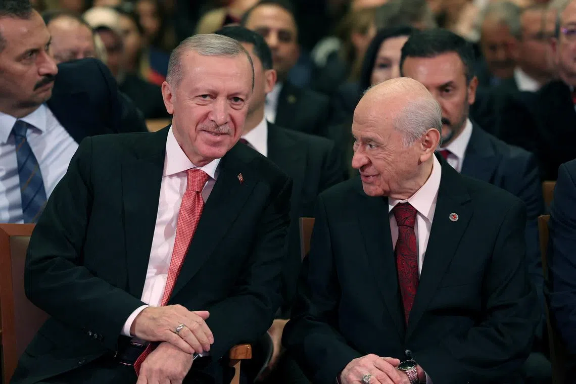 Turkish President Tayyip Erdogan and Devlet Bahceli, leader of the Nationalist Movement Party (MHP), attend a Republic Day event to mark the republic's 101st anniversary, in Ankara, Turkey, October 29, 2024. Murat Kula/Presidential Press Office/Handout via REUTERS/File Photo