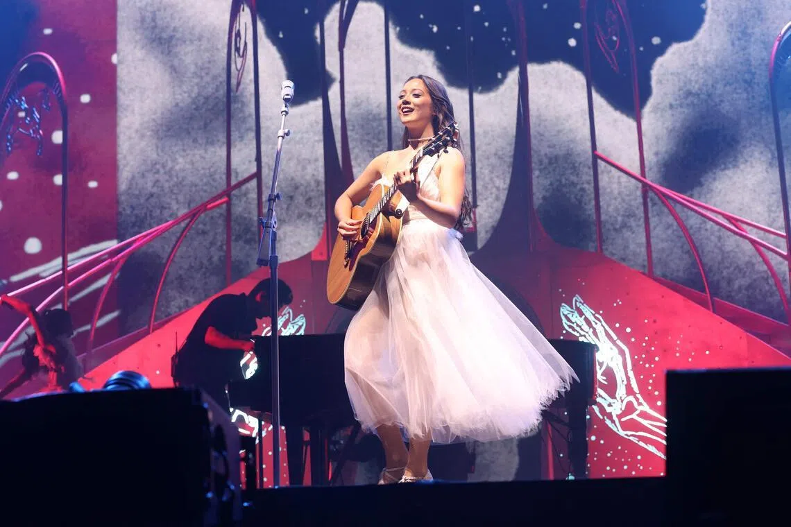 Icelandic singer Laufey performs at the 2026 Coachella Valley Music and Arts Festival in Indio, California on April 12, 2026. 