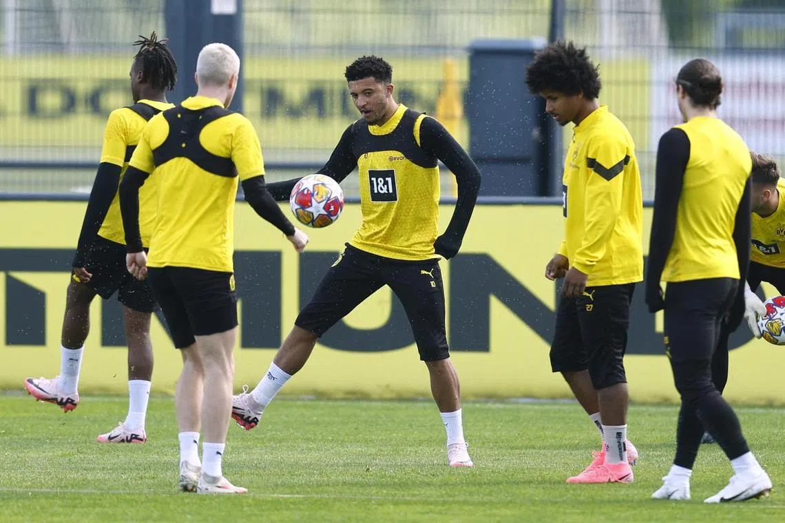 Borussia Dortmund's Jadon Sancho (centre) during a training session ahead of the Champions League final against Real Madrid on June 1, 2024.