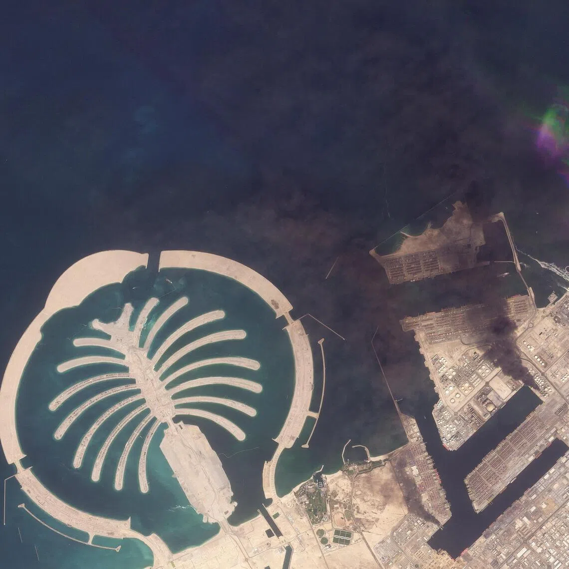A satellite image of Dubai's Jebel Ali Port on March 1, after one of the berths caught fire due to falling debris from an intercepted missile.