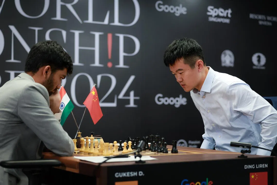 Gukesh Dommaraju and Ding Liren during the FIDE World Chess Championship Singapore held at Reasorts World Sentosa on Nov 25.