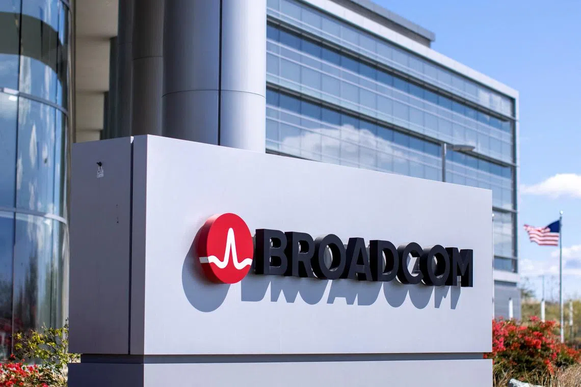 The Broadcom Limited company logo is shown outside one of their office complexes in Irvine, California, U.S., March 4, 2021.  REUTERS/Mike Blake/File Photo