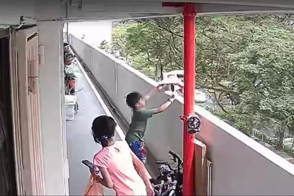 In a video, the boy can be seen flinging a brick-shaped object and a bicycle over the parapet while a girl watches.