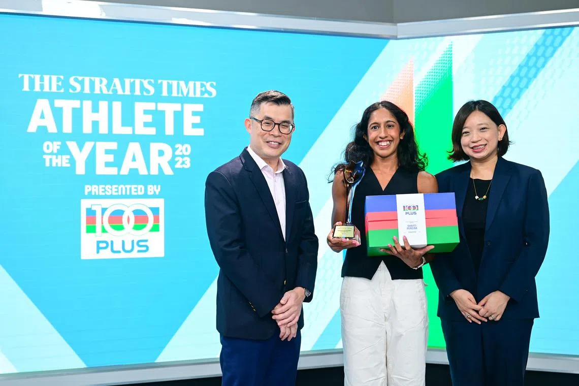 ST20240509_202402331675 dgoty10 Deepanraj Ganesan/Azmi Athni//

Singaporean track and field athlete Shanti Pereira (centre) receiving her 2024 The Straits Times’ Athlete of the Year award from Mr Jamie Ho (left), Editor of the Straits Times, and Ms Celine Tan (right),director of regional marketing for F&N, at The Straits Times office on May 9. 

ST PHOTO: AZMI ATHNI