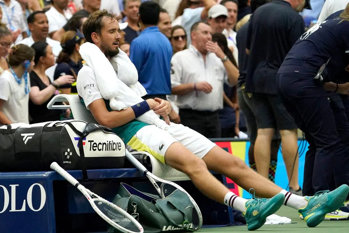 Russia's Daniil Medvedev resting and cooling down after his gruelling US Open battle with compatriot Andrey Rublev in the New York sun.