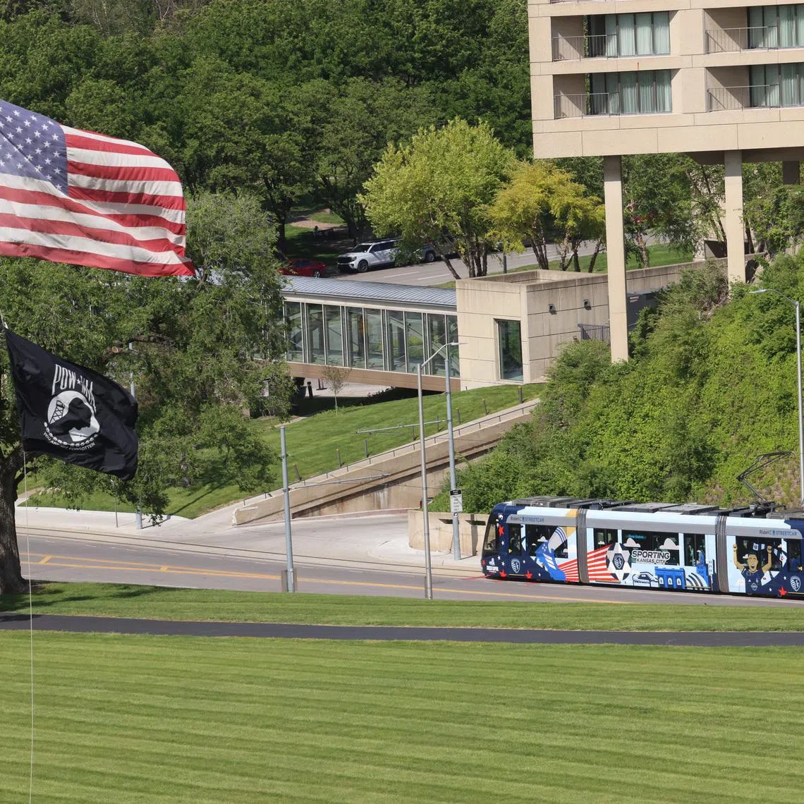The streetcar travels up the hill near Liberty Memorial, as the city prepares to host the 2026 FIFA World Cup matches, in Kansas City, Missouri, U.S, May 9, 2026. REUTERS/Katie Currid