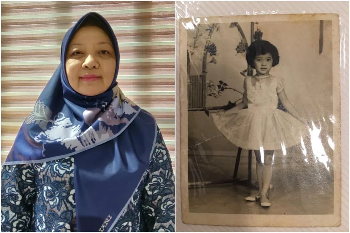 Madam Nazli Abdullah, 63, who was given up for adoption at birth in April 1959, and a photo of her when she was five or six.