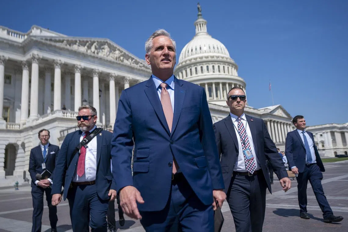 Speaker of the House Kevin McCarthy walks to a press conference following the House passage of The Protection of Women and Girls in Sports Act.