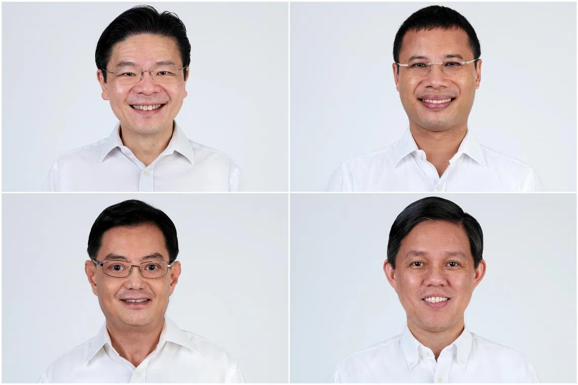 (Clockwise from top left) DPM Lawrence Wong, National Development Minister Desmond Lee, Education Minister Chan Chun Sing and DPM Heng Swee Keat.