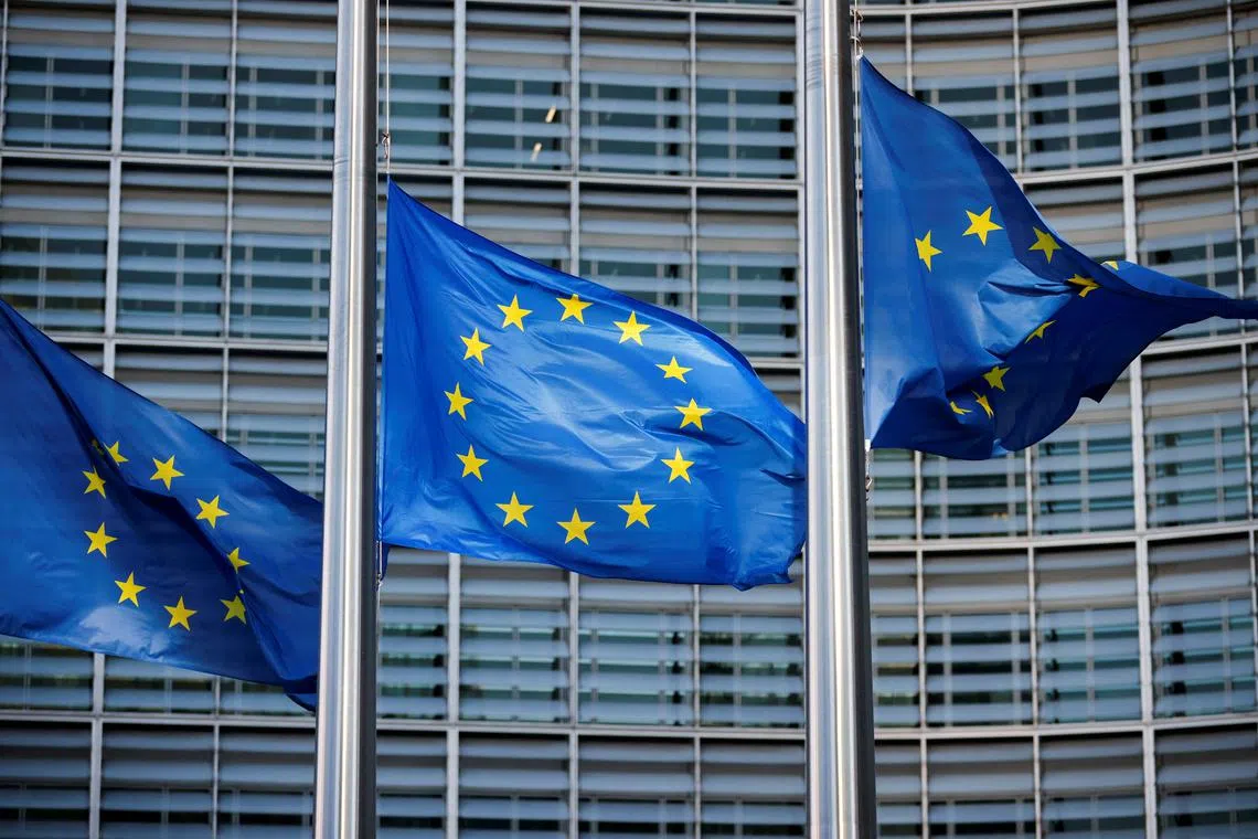 FILE PHOTO: European Union flags fly outside the European Commission headquarters in Brussels, Belgium, March 1, 2023.REUTERS/Johanna Geron/File Photo