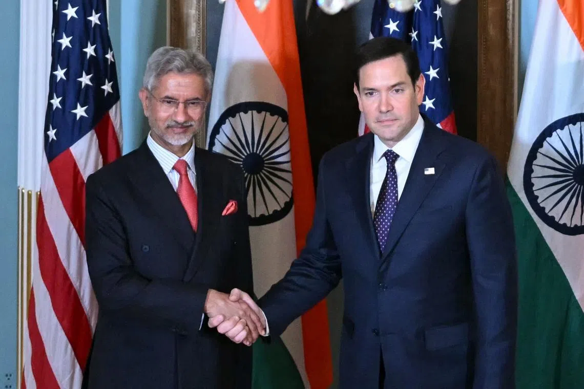 US Secretary of State Marco Rubio (right) shake hands with Indian Foreign Minister Subrahmanyam Jaishankar at the State Department in Washington on Jan 21.