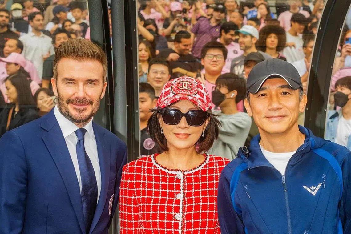 David Beckham with Carina Lau and Tony Leung Chiu Wai before the match between Inter Miami and Hong Kong XI on Feb 4, 2024.