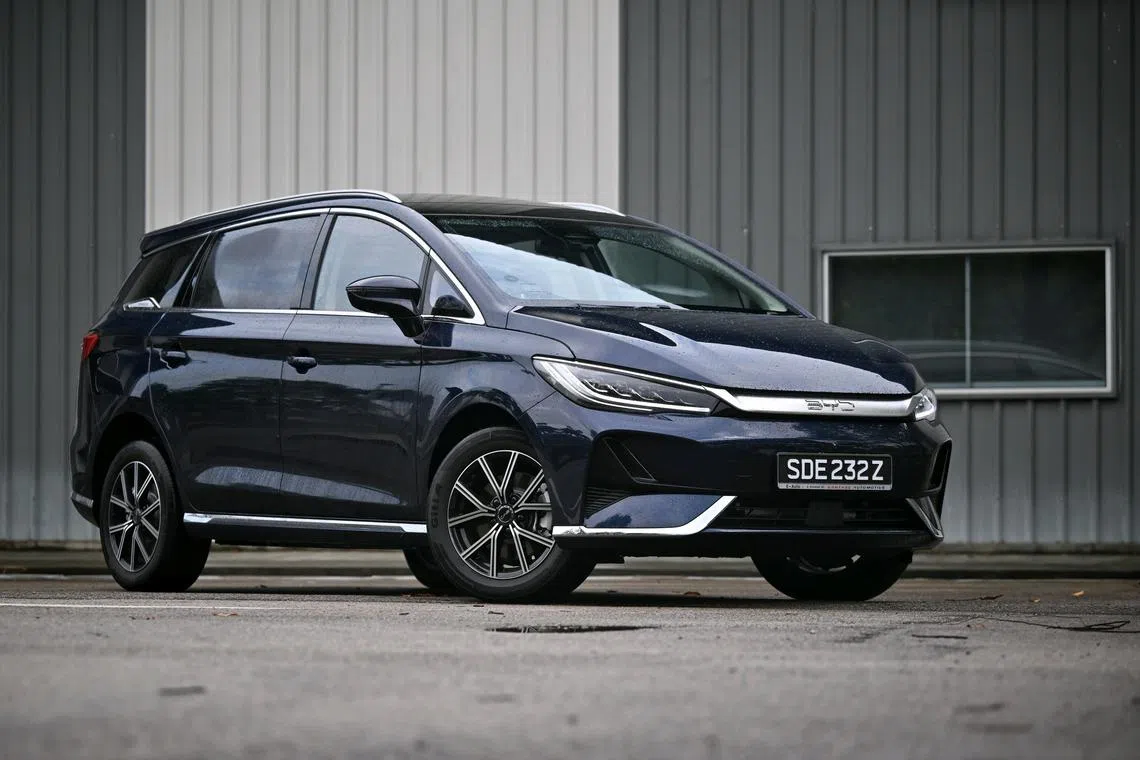 Interior and exterior of the BYD M6 electric MPV, on Nov 16, 2024.