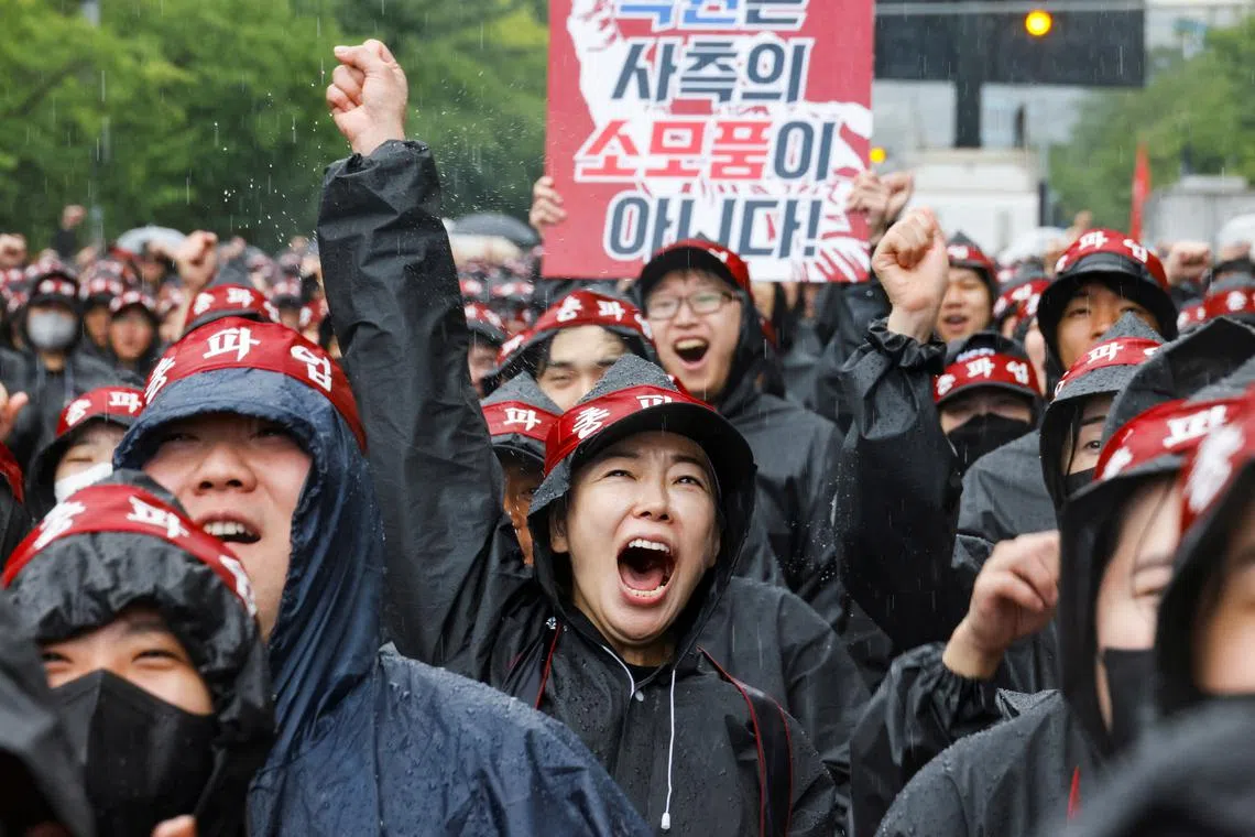 National Samsung Electronics Union workers during a general strike to disrupt production, in front of the Samsung Electronics Nano City Hwaseong Campus on July 8.