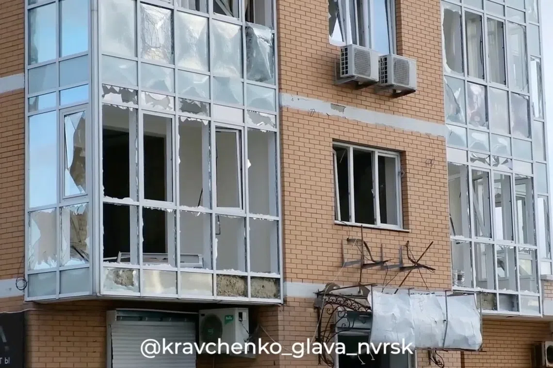 An apartment building damaged during what the local authorities called a Ukrainian drone attack in Novorossiysk, Russia, on Nov 14.
