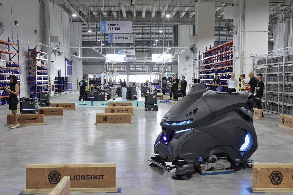 The robot testing area of Lionsbot’s robotics factory as seen during its grand opening in Kranji Loop on April 18, 2024. ST PHOTO: KEVIN LIM ocrobot18