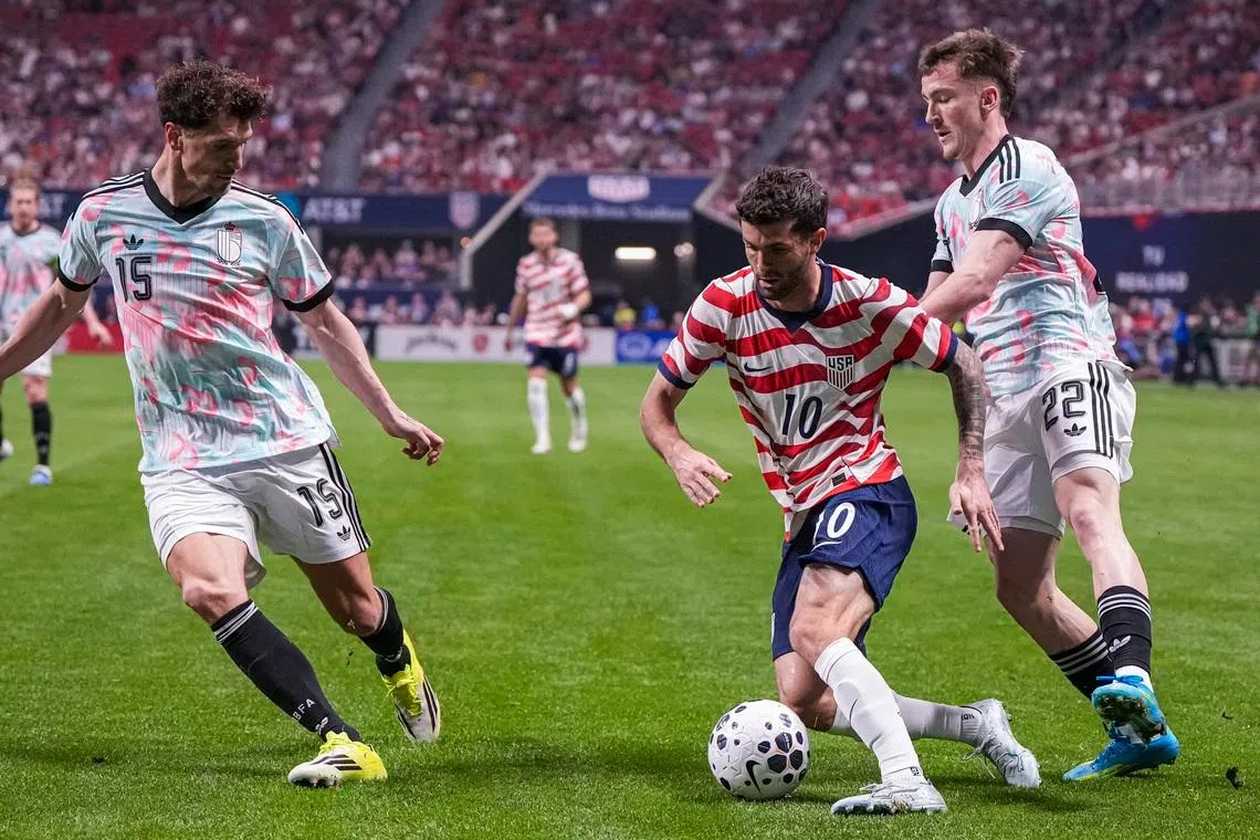 Mar 28, 2026; Atlanta, Georgia, USA; USA’s Christian Pulisic (10) controls the ball against Belgium at Mercedes-Benz Stadium. Mandatory Credit: Dale Zanine-Imagn Images