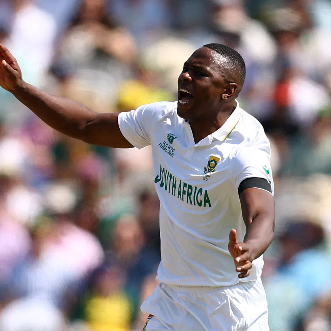 FILE PHOTO: Cricket - 2025 ICC World Test Championship Final - South Africa v Australia - Lord's Cricket Ground, London, Britain - June 13, 2025 South Africa's Kagiso Rabada appeals successfully for the LBW wicket of Australia's Nathan Lyon Action Images via Reuters/Andrew Boyers/File Photo