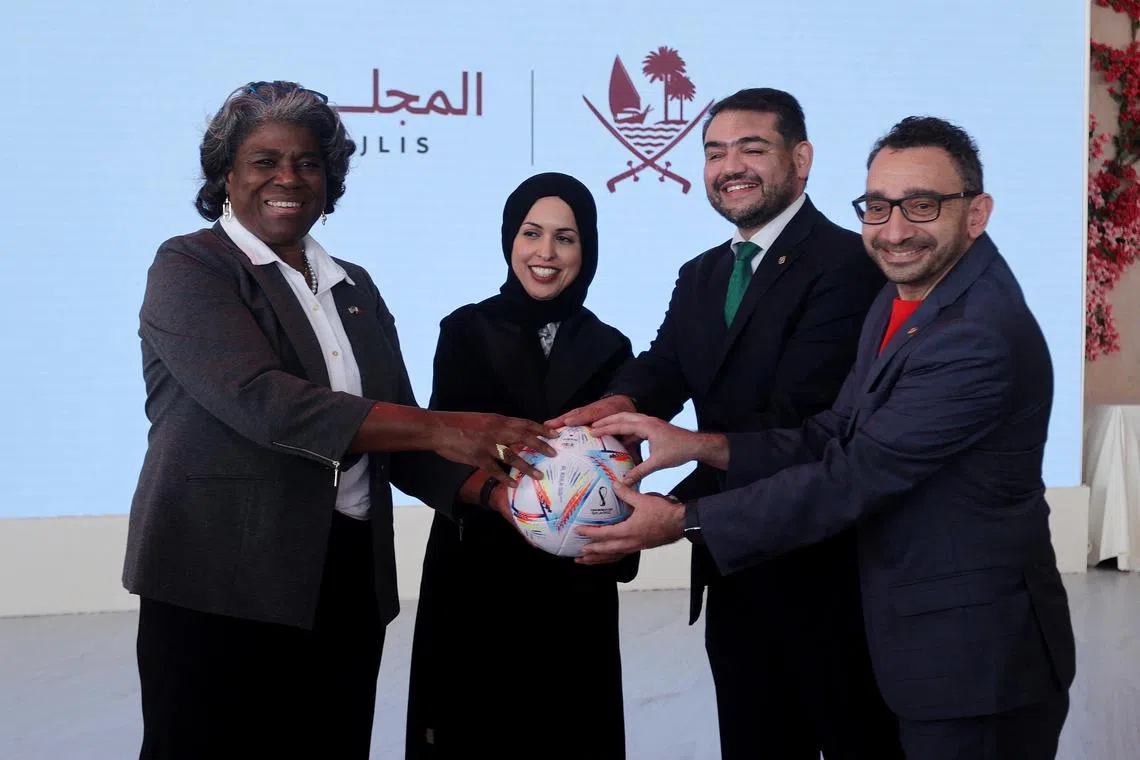 Soccer Football - FIFA World Cup Qatar 2022 - 2026 World Cup Handover Ceremony - Lusail, Qatar - December 18, 2022
Alfonso Zegbe, Assistant Secretary for Public Diplomacy and Strategy at the Ministry of Foreign in Mexico, H.E. Omar Alghabra, Minister of Transport of Canada, U.S. Presidential Delegate H.E. Linda Thomas Greenfield and H.E. Sheikha Alya Al Thani, Ambassador of the State of Qatar to the United Nations during the handover ceremony of the World Cup to the United States, Canada, and Mexico in 2026 REUTERS/Ibraheem Al Omari