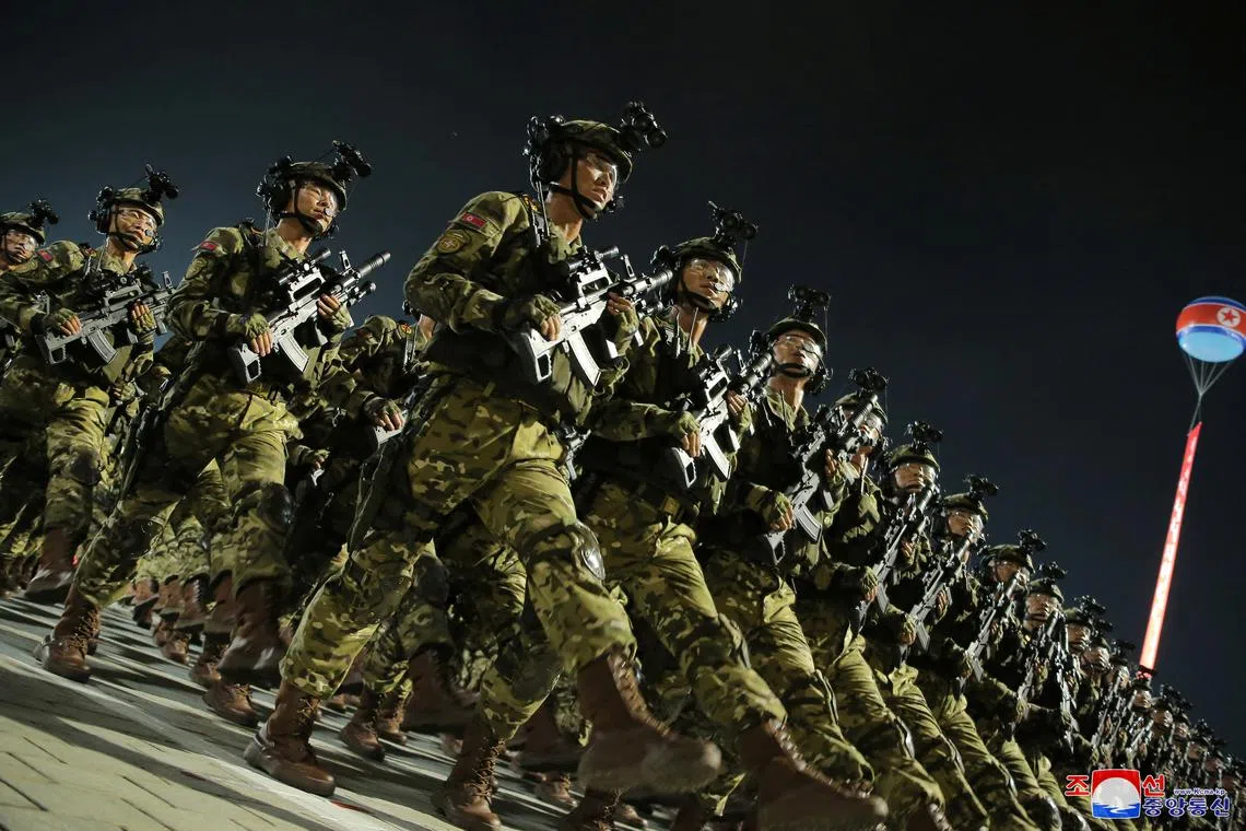 FILE PHOTO: Soldiers participate in a military parade to commemorate the 70th anniversary of the Korean War armistice in Pyongyang, North Korea, July 27, 2023, in this image released by North Korea's Korean Central News Agency.   KCNA via REUTERS/File Photo