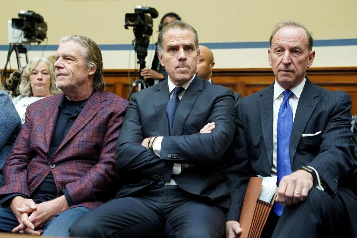 Hunter Biden (centre) with attorneys Kevin Morris (left) and Abbe Lowell, during the House Oversight Committee hearing.
