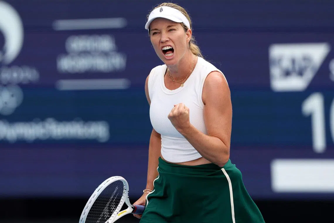 Danielle Collins reacts after winning a point in the first set against Elena Rybakina during the women's final on March 30.