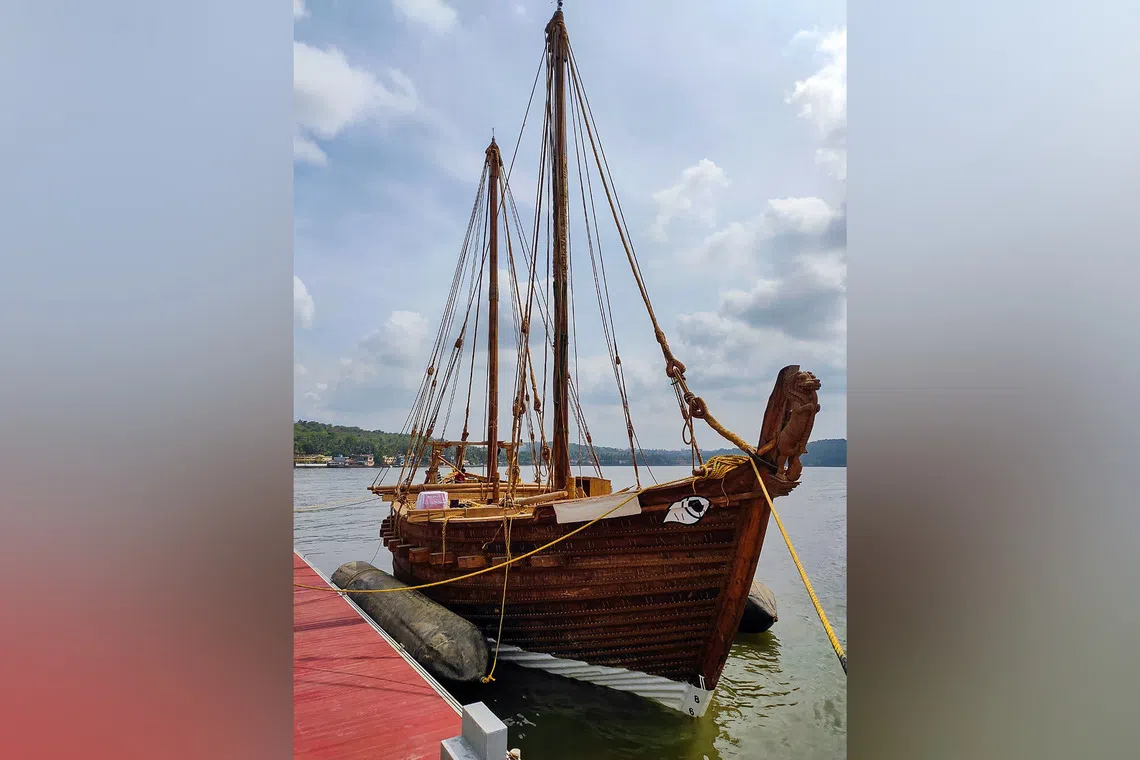 Named Kaundinya, after a legendary Indian mariner, its 20m long hull is sewn together with coconut coir rope rather than nailed.