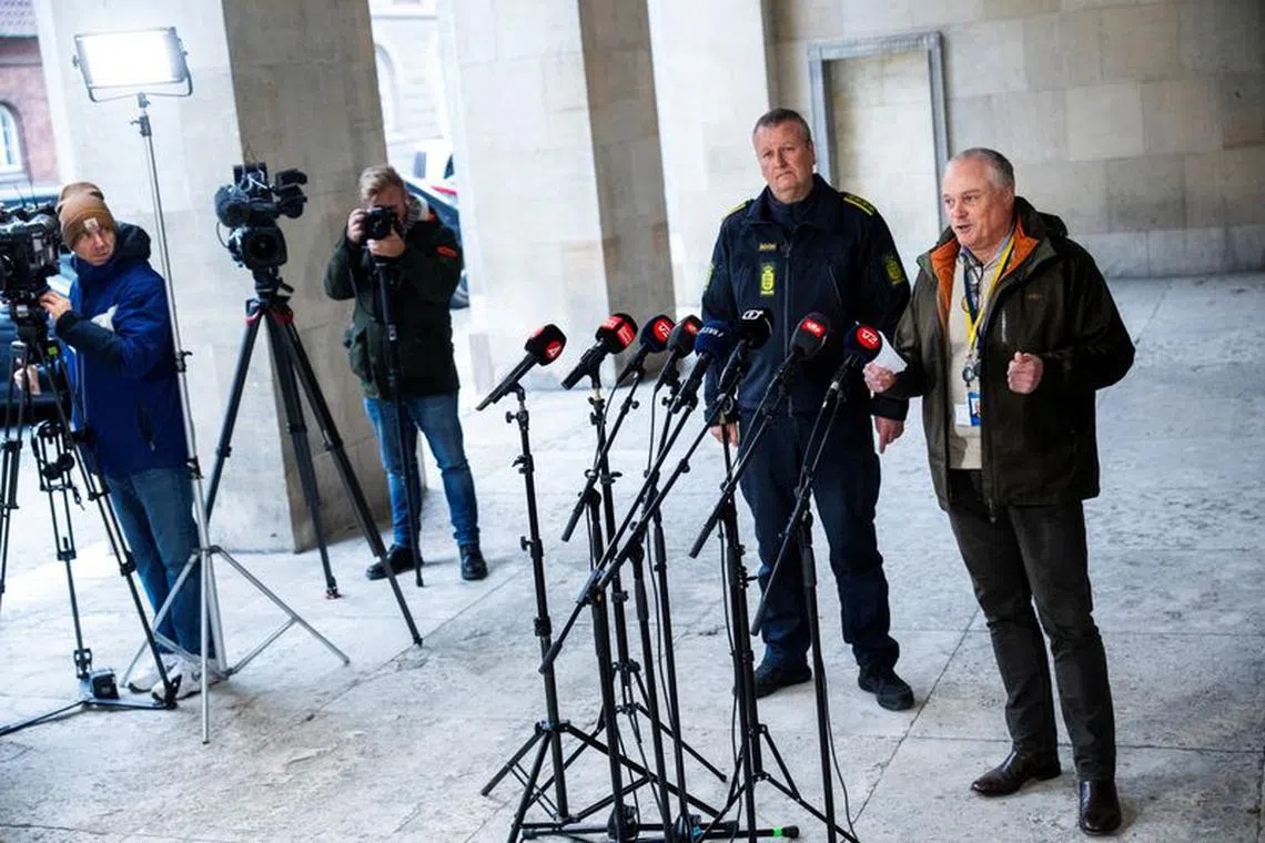 FILE PHOTO: Chief police inspector and operational chief of PET, Flemming Drejer and senior police inspector and head of emergency services in Copenhagen Police, Peter Dahl give a press briefing on coordinated police action, at the police station in Copenhagen, Thursday 14 December 2023. Ritzau Scanpix/Martin Sylvest via REUTERS/File Photo