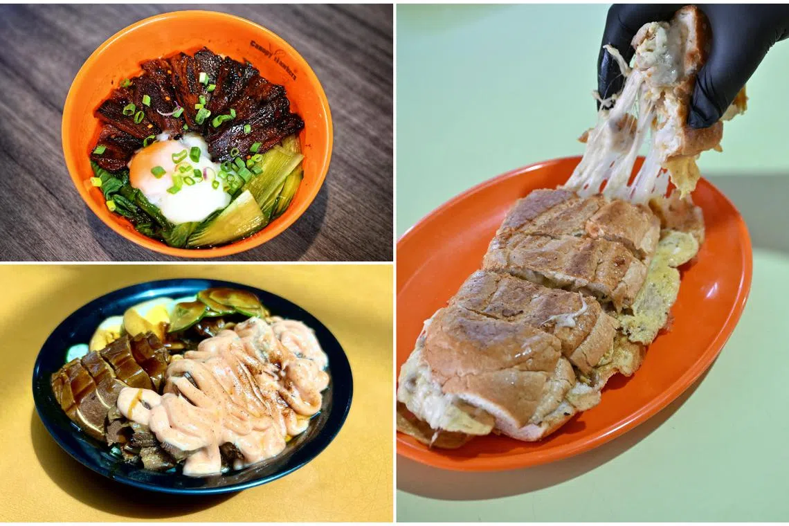 (Clockwise from top left) Liu Kou Shui's mala char siew don, Brostern's roti john tarik, and Bold X Braised's mentaiko belly bowl set. 