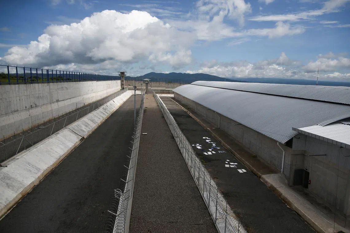 FILE PHOTO: A view of a prison sector during a tour in the \"Terrorism Confinement Center\" (CECOT) complex, which according to El Salvador's President, Nayib Bukele, is designed to hold 40,000 inmates, in Tecoluca, El Salvador October 12, 2023. REUTERS/Jose Cabezas/File Photo