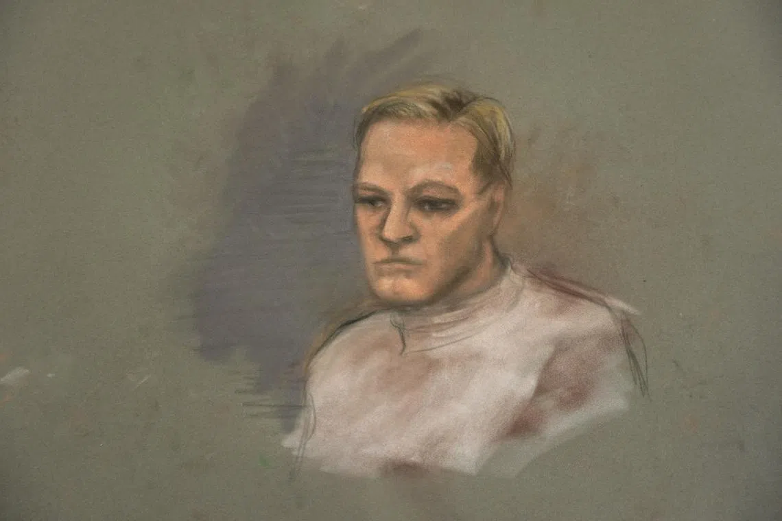 A court sketch shows Marius Borg Hoiby during the first day of the trial against him, which takes place at the Oslo District Court in Oslo, Norway February 3, 2026. NTB/Ane Hem/via REUTERS