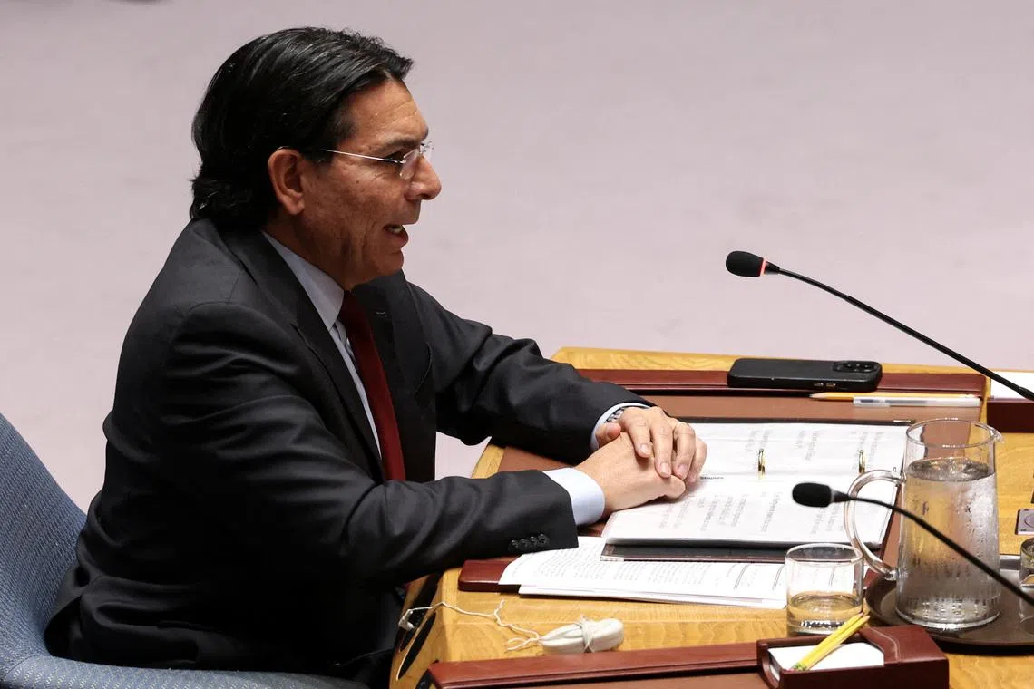 Israel's Permanent Representative to the United Nations Danny Danon addresses members of the United Nations Security Council on resolutions on the situation in Iran and the Middle East at U.N. headquarters in New York City, U.S., March 11, 2026. REUTERS/Shannon Stapleton