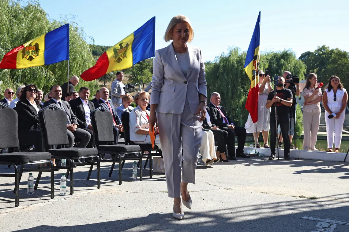 Irina Vlah, leader of the Heart of Moldova Republican Party and one of the leaders of the Patriotic Electoral Bloc, attends a rally launching the election campaign ahead of the parliamentary elections, at the Capriana Monastery in the village of Capriana, Moldova August 29, 2025. REUTERS/Vladislav Culiomza/File Photo