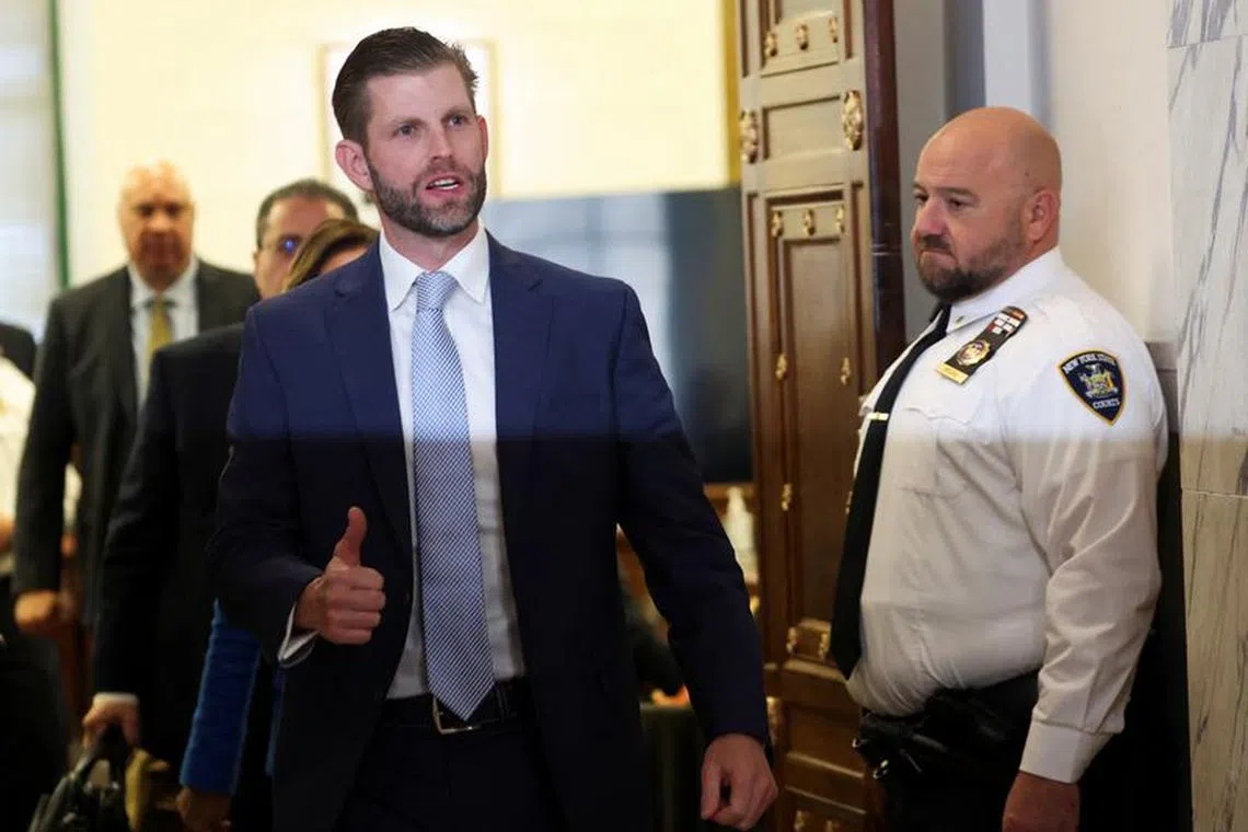 Former U.S. President Donald Trump's son and co-defendant, Eric Trump gestures as he leaves the courtroom after attending the Trump Organization civil fraud trial, in New York State Supreme Court in the Manhattan borough of New York City, U.S., November 2, 2023. REUTERS/Shannon Stapleton