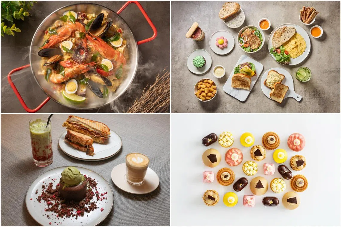 (Clockwise from top left) Laksa Paella at Alice Boulangerie & Restaurant, savoury food at Lucine by Luna, Petit Desire small cakes from Huize van Wely and all-day menu offerings at Puzzle Coffee's new flagship store.