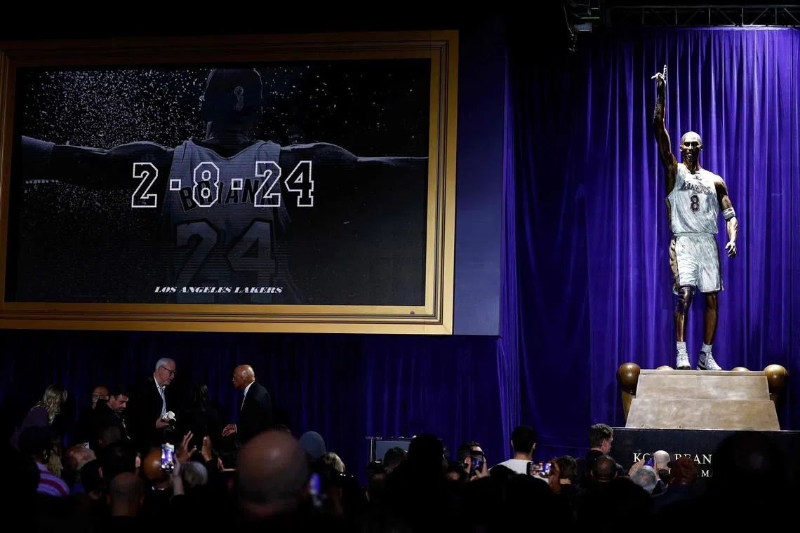 The Kobe Bryant Statue during an unveiling ceremony at Crypto.com Arena on Feb 8 in Los Angeles, California. Bryant, a five-time NBA champion and 18-time NBA All-Star, played for the Lakers from 1996 till 2016 before he died in a 2020 helicopter crash.