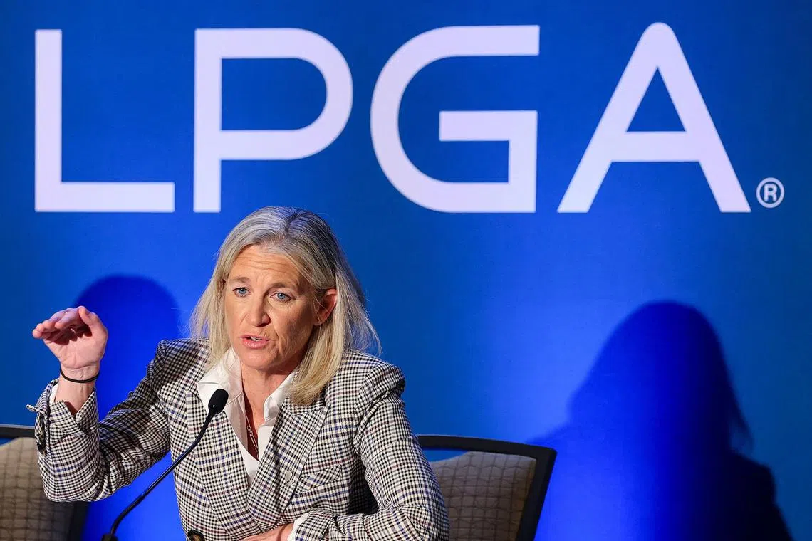 LPGA commissioner Mollie Marcoux Samaan speaking during the State of the Association press conference during the first round of the CME Group Tour Championship at Tiburon Golf Club in Naples, Florida. 