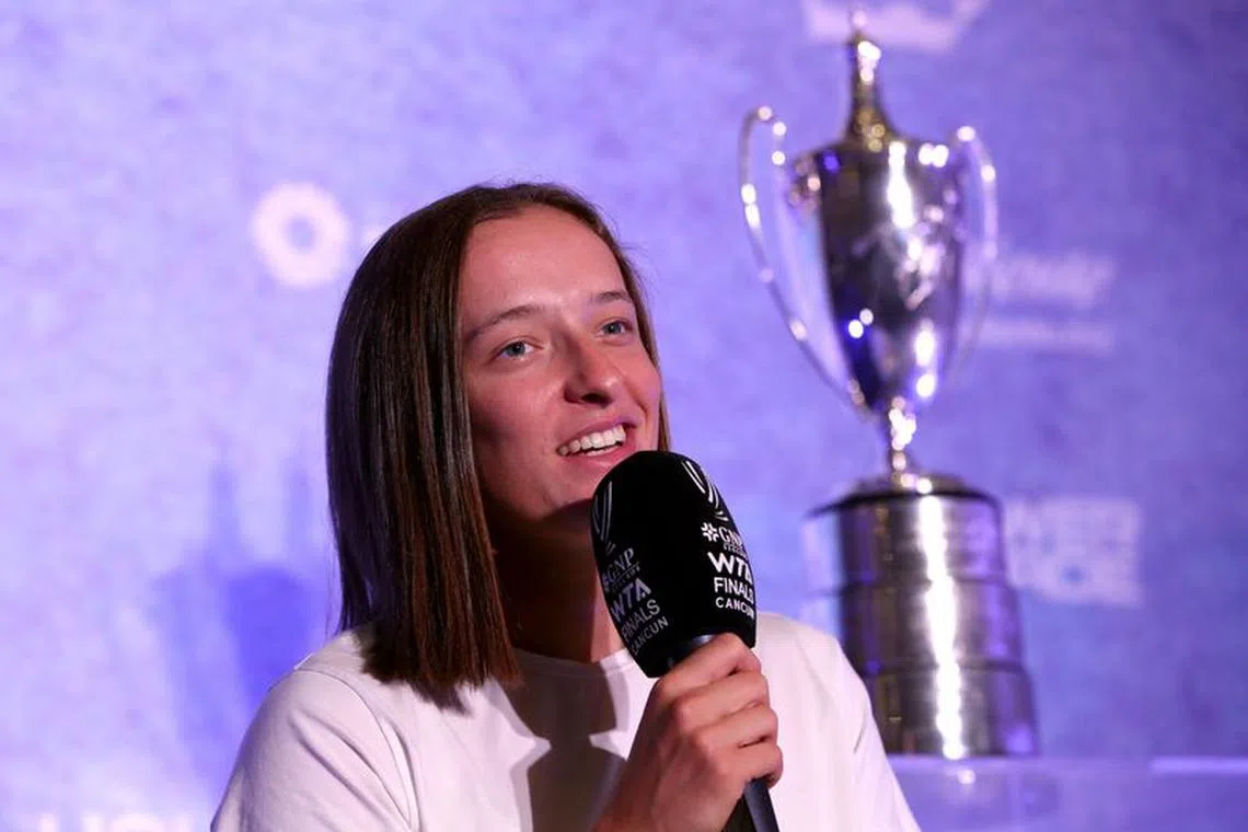 Tennis - WTA Finals - Cancun, Mexico - November 6, 2023 Poland's Iga Swiatek speaks at a press conference after winning her final match against Jessica Pegula of the U.S. REUTERS/Henry Romero