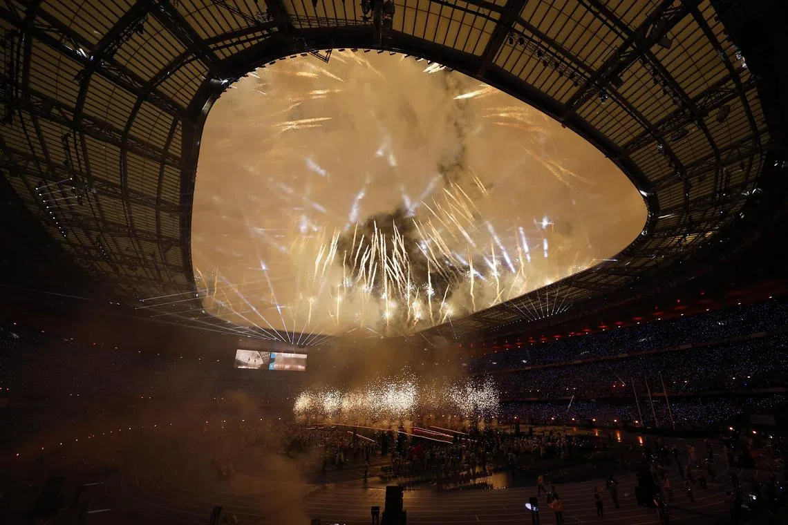 Fireworks during the closing ceremony of the Paris 2024 Paralympics Games at the Stade de France Stadium on Sept 8.