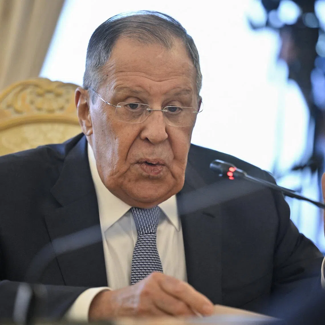 Russian Foreign Minister Sergei Lavrov speaks during a meeting with Bahraini Foreign Minister Abdullatif bin Rashid Al Zayani in Moscow, Russia, June 11, 2026. Alexander Nemenov/Pool via REUTERS