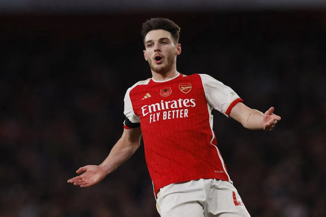FILE PHOTO: Soccer Football - Premier League - Arsenal v Burnley - Emirates Stadium, London, Britain - November 11, 2023 Arsenal's Declan Rice reacts Action Images via Reuters/Andrew Couldridge