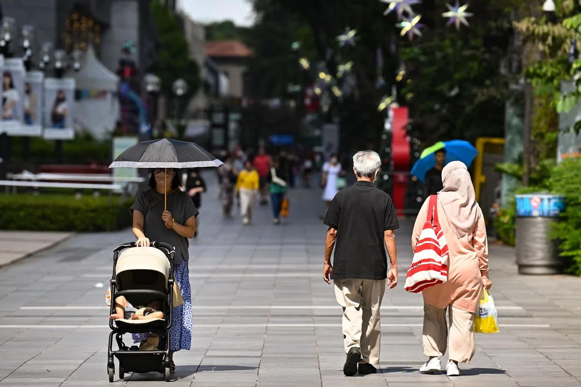 ST20221129-202268206575-Lim Yaohui-pixfamily/
A woman pushing a baby stroller and an elderly couple walking outside Ngee Ann City along Orchard Road on Nov 29, 2022.
Singapore will repeal Section 377A of the Penal Code, Prime Minister Lee Hsien Loong said on Aug 21, 2022, confirming months of speculation that the Government might move on the law criminalising sex between men.
But to guard against the move triggering a drastic shift in societal norms, the Government will also amend the Constitution to protect the definition of marriage as one between a man and a woman to stave off future legal challenges, he added.
Can be used for stories on population, budget, love, relationship, family, life, single and marriage.
(ST PHOTO: LIM YAOHUI)