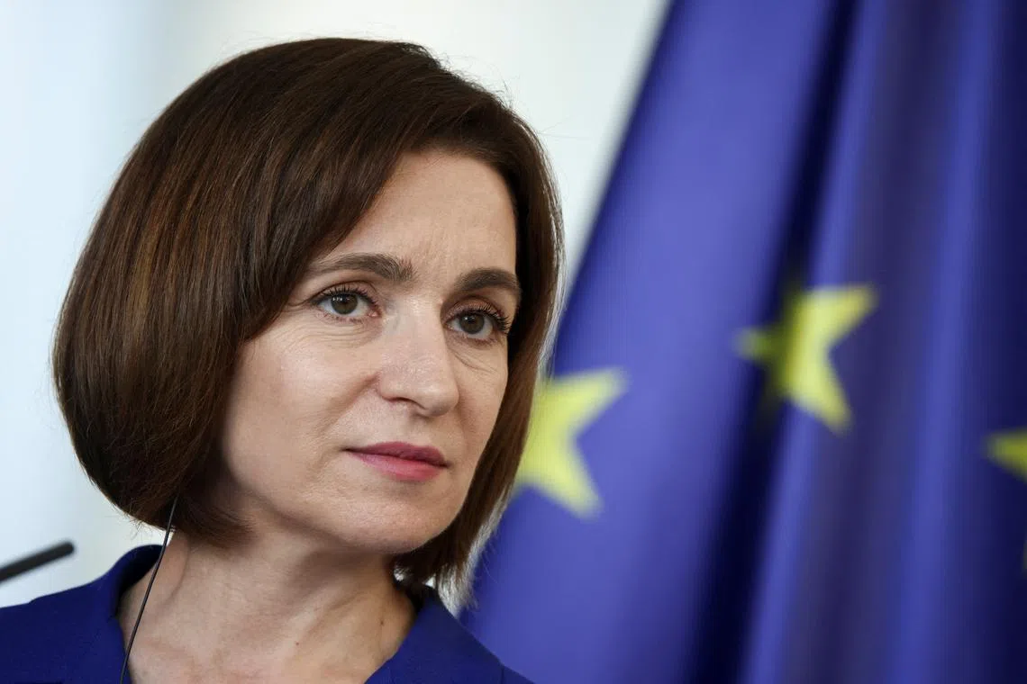 FILE PHOTO: Moldovan President Maia Sandu looks on during a press conference, as she meets with German Chancellor Olaf Scholz in Berlin, Germany, May 17, 2024. REUTERS/Liesa Johannssen/File Photo